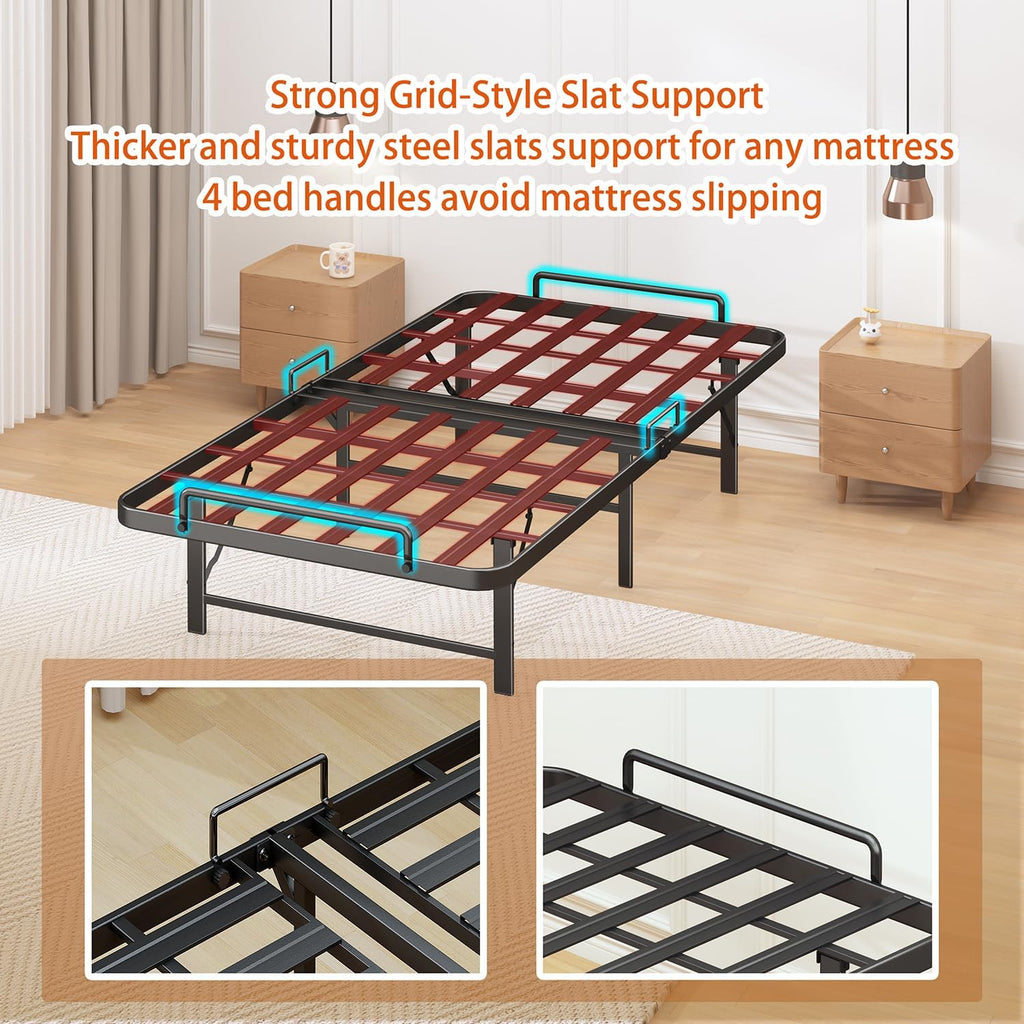 Foldable Twin Bed Frame,Folding Twin Bed Frame, 14 Inch Heavy Duty Metal Platform Bed, Sturdy Steel Bed Frames, Portable Bed, Tool-Free,Easy Assembly, No Box Spring Needed,Noise Free,Black