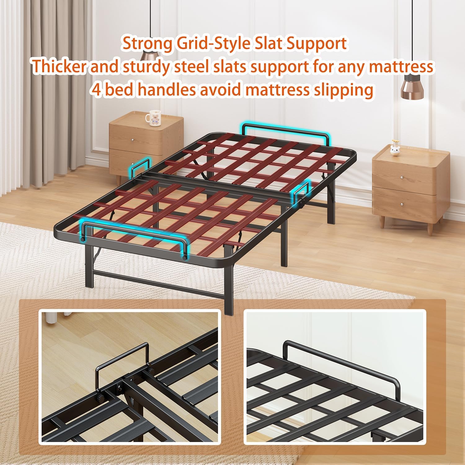Foldable Twin Bed Frame,Folding Twin Bed Frame, 14 Inch Heavy Duty Metal Platform Bed, Sturdy Steel Bed Frames, Portable Bed, Tool-Free,Easy Assembly, No Box Spring Needed,Noise Free,Black