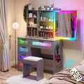 HNEBC Vanity Desk with Sliding Mirror and LED Lights, RGB Vanitys with Charging Station, Makeup Vanitys with Remote Control, White Dresser with Stool/Lager Drawers for Bedroom (Grey)