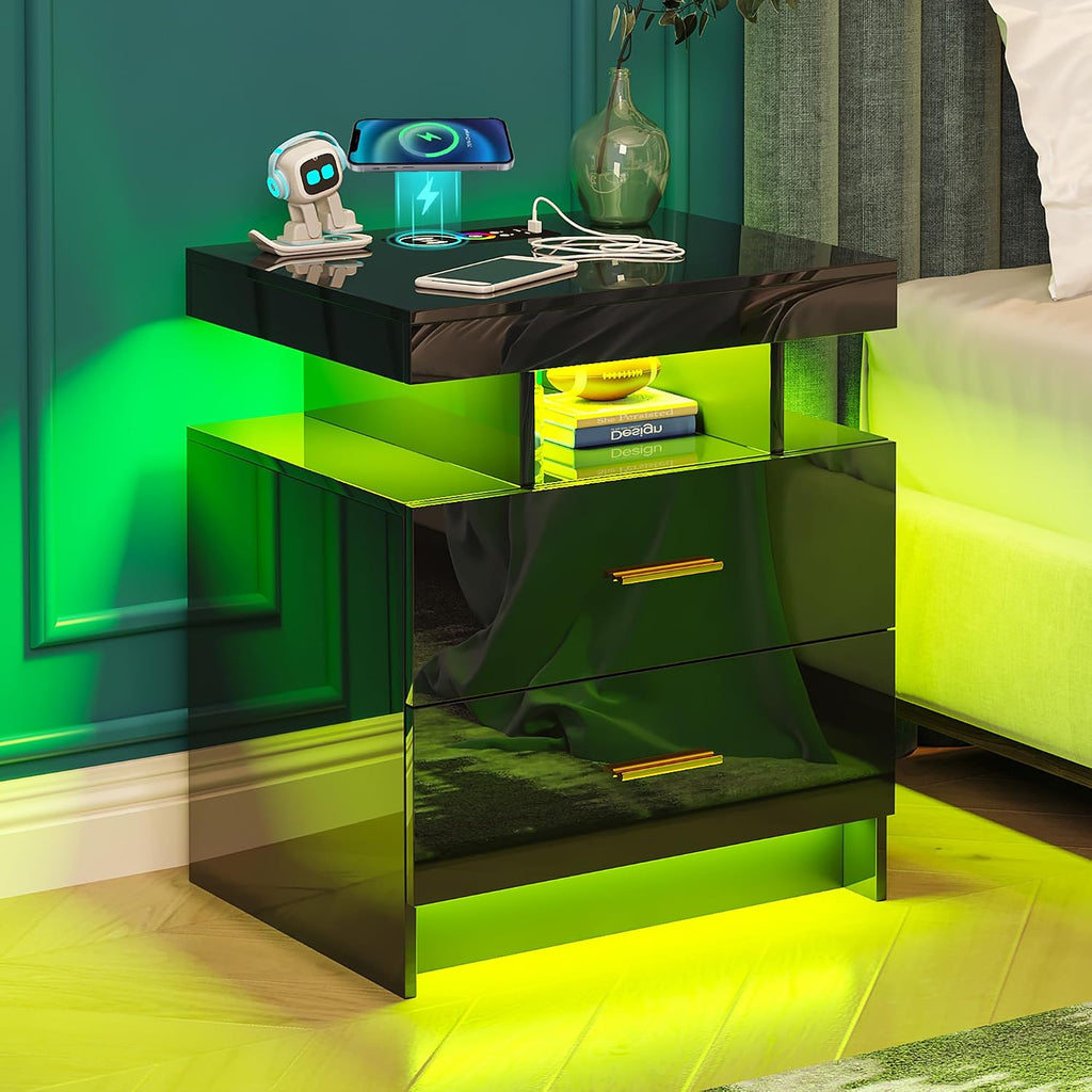 WOOVIVS Night Stand with Light, High Gloss Nightstand with USB/Wireless Charging Station, LED Black Nightstands with Storage Drawers, RGB Side End Table for Bedroom Furniture（Black）