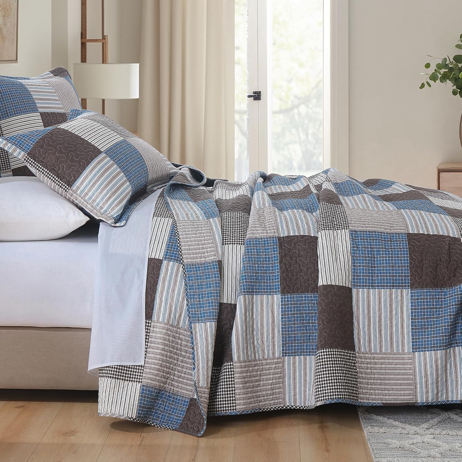 Y-PLWOMEN 100% Cotton Farmhouse Plaid Lightweight 3-Pieces Quilt Set (Blue Brown, King98 * 106 Inch)