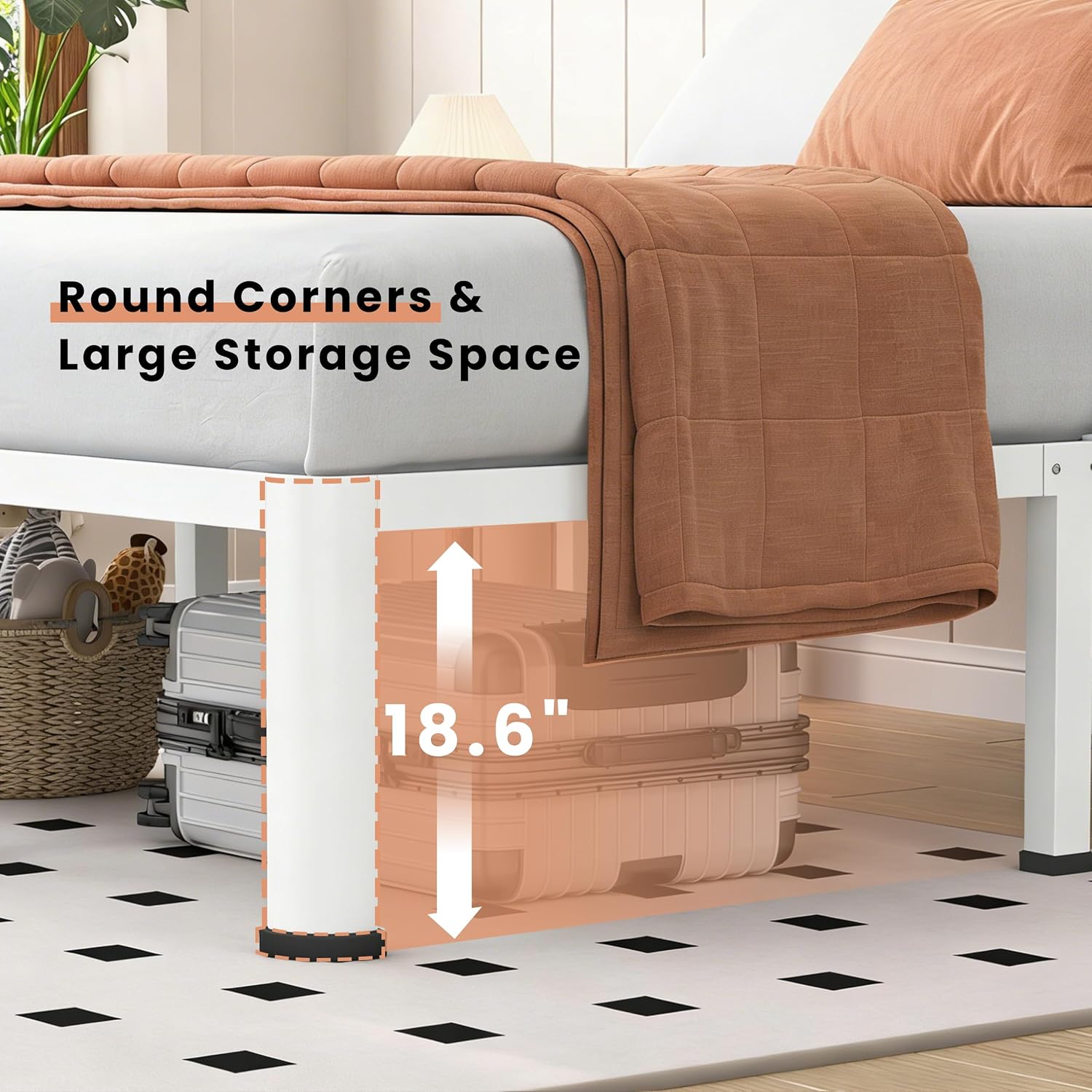 VIPSHOW 20 Inch White King Heavy Duty 3500 lbs Bed Frame with Round-Corner Legs & Anti-Squeak Design – Quick Assembly Metal Platform, No Box Spring Needed