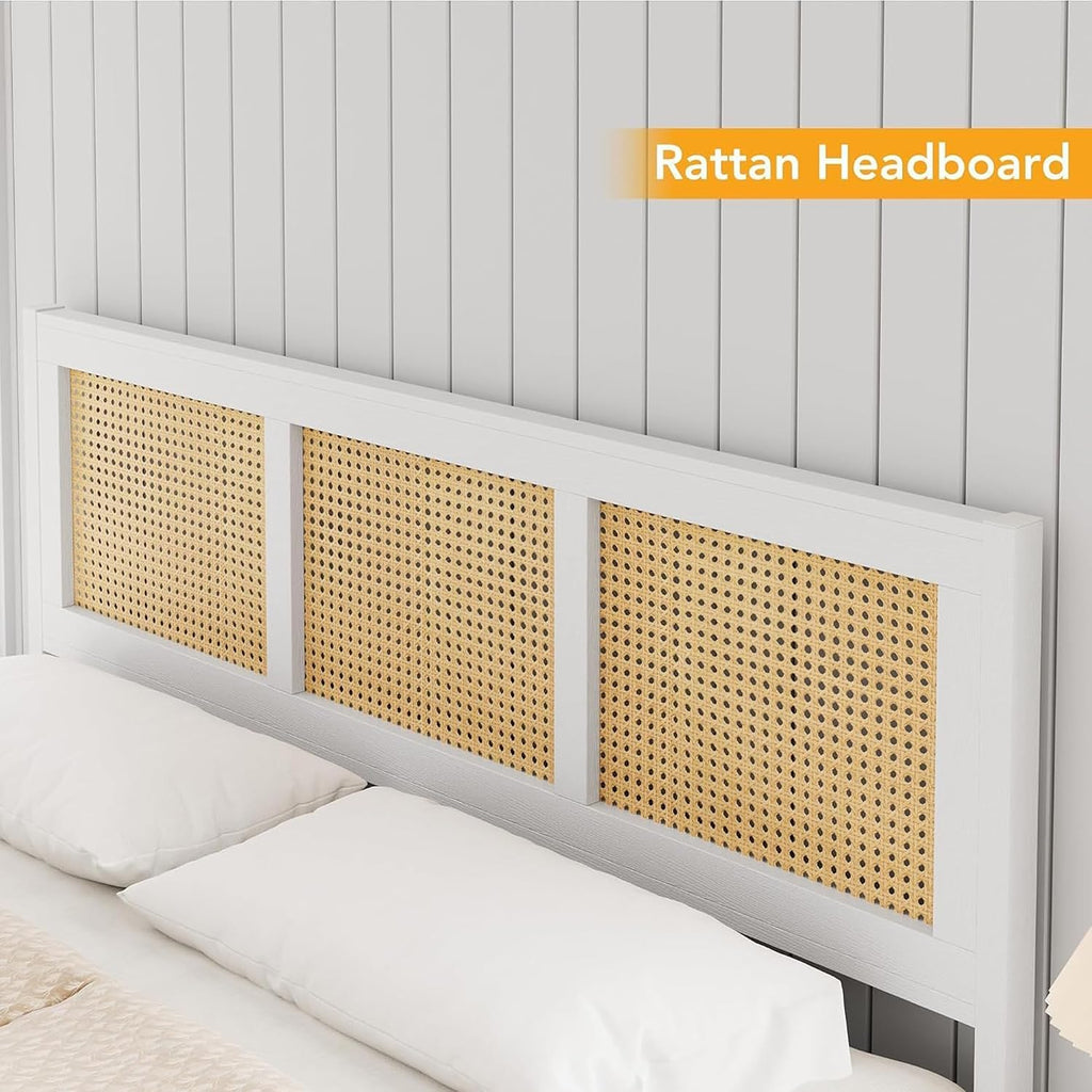 IDEALHOUSE Rattan Bed Frame with Headboard, Boho Full Size Bed Frame with Strong Metal Slats Support, No Box Spring Needed, Noise-Free Design, White