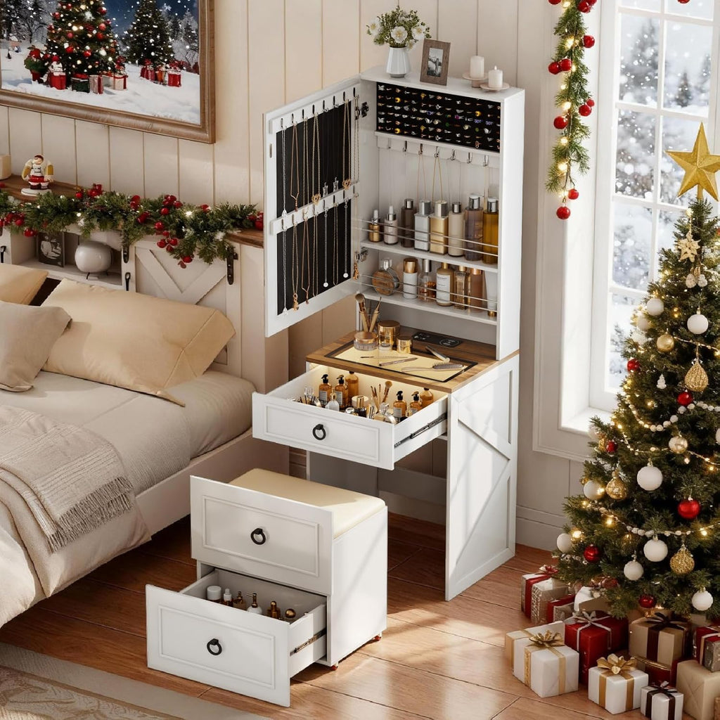 Makeup Vanity Desk with Mirror and Lights,Small Vanity Desk Set with Charging Station & Glass Top,Compact Dressing Table with Jewelry Cabinet & Storage Wheel Stool for Bedroom, White