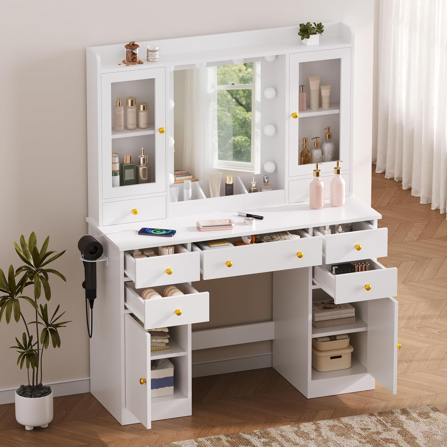 HUANLEGO Vanity Desk with Mirror and Lights, White Makeup Vanity Mirror with Lights & Power Outlet and 7 Drawers, 2 Cabinet, 3 Color Modes Adjustable, Dressing Table Set for Girls Women