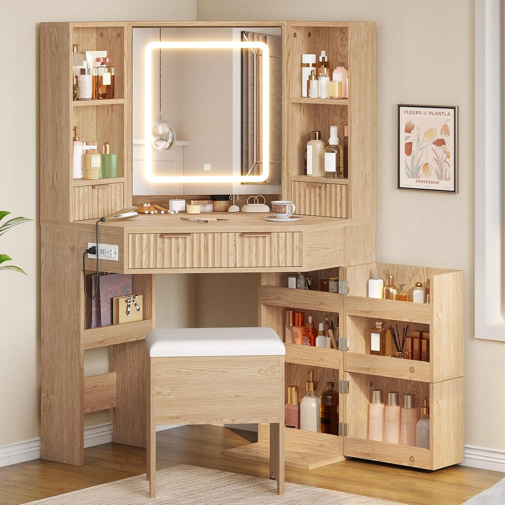 BTHFST Corner Vanity Desk with Lights and Charging Station, Makeup Vanity with Lights, Vanity Set with Mirror and Storage Stool, Makeup Table with Drawers, Rotating Shelves (Natural Oak)