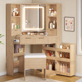 BTHFST Corner Vanity Desk with Lights and Charging Station, Makeup Vanity with Lights, Vanity Set with Mirror and Storage Stool, Makeup Table with Drawers, Rotating Shelves (Natural Oak)