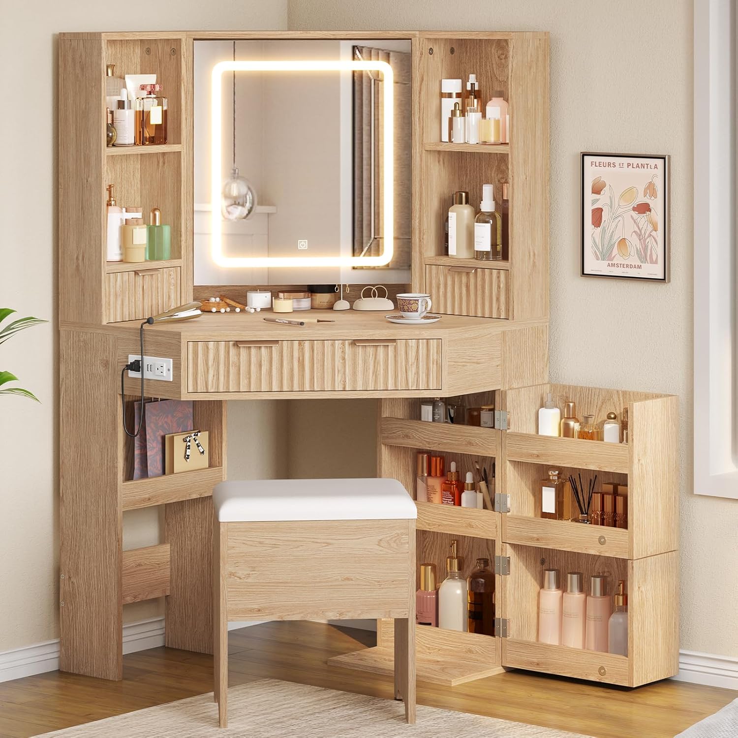 BTHFST Corner Vanity Desk with Lights and Charging Station, Makeup Vanity with Lights, Vanity Set with Mirror and Storage Stool, Makeup Table with Drawers, Rotating Shelves (Natural Oak)