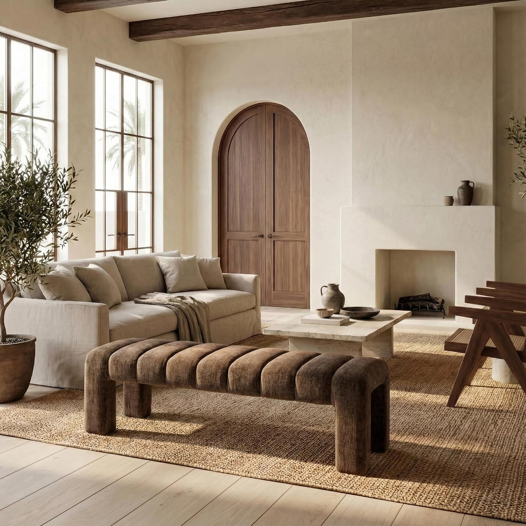SAFAVIEH Couture Collection – Bellisima Brown Channel Tufted Chenille Bench, Modern Upholstered Accent Seating (SFV5127I)
