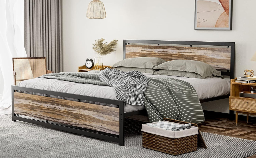 IKIFLY California King Size Metal Bed Frame/Industrial Cal King Platform Bed with Wooden Headboard Footboard/Heavy Duty Steel Slats Support/No Box Spring Needed（Cal King, Light Brown）
