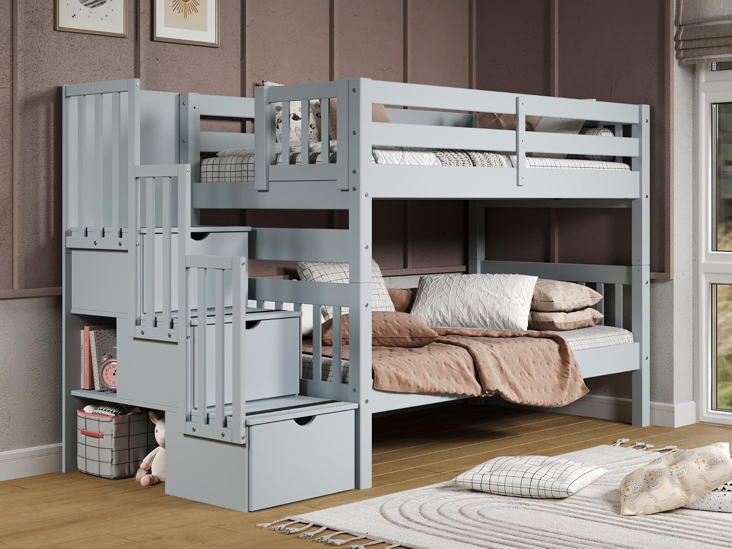 Bedz King Stairway Bunk Beds Twin Over Twin, 3 Step Drawers, Breezy Blue