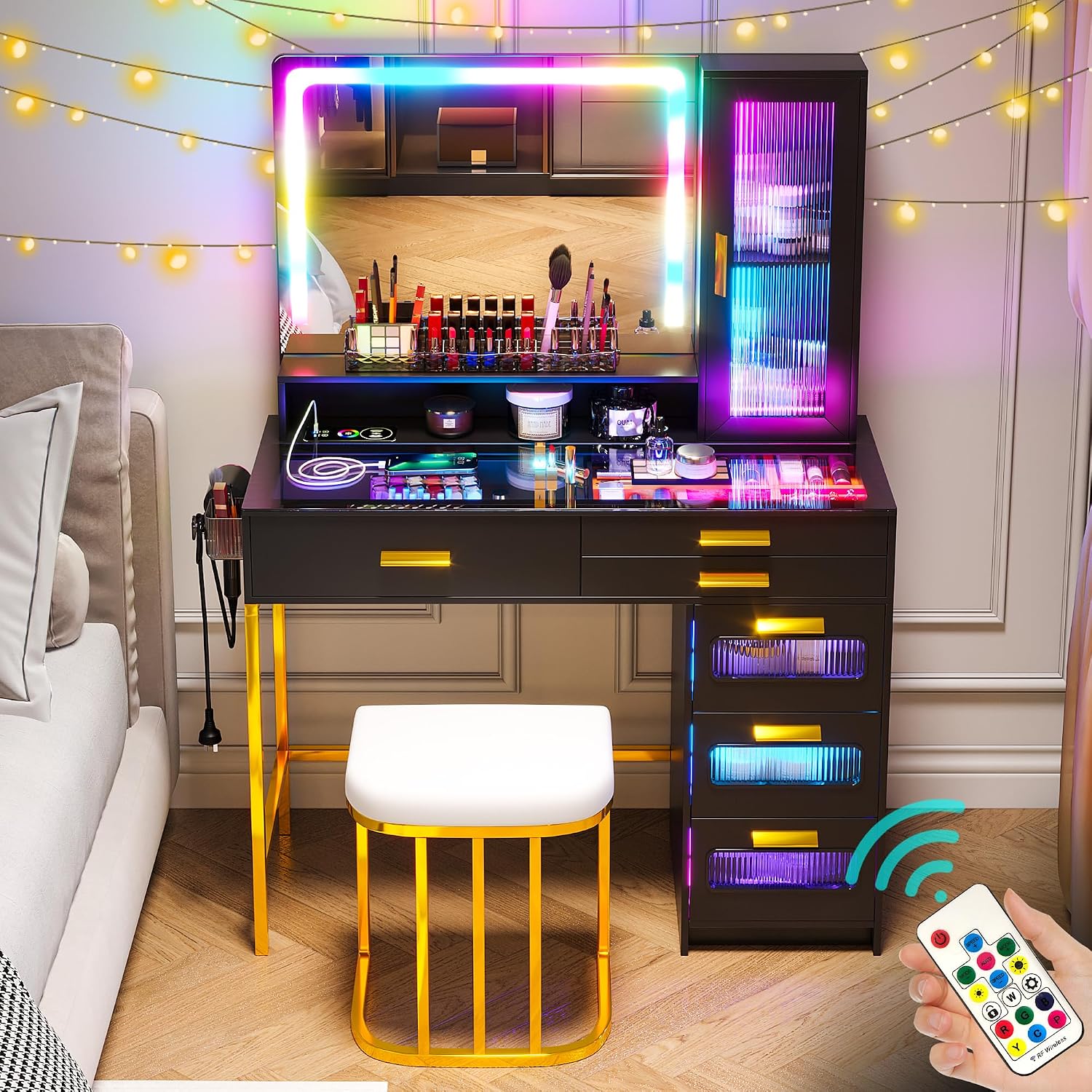 WOOVIVS Vanity with LED Mirror, Makeup Desk with 24 RGB Atuo Lighted Drawers for Bedroom, Glass Top Vanities Table Set with Wireless Charging Station, Chair,Jewelry Organizer for Girls/Women (Black)