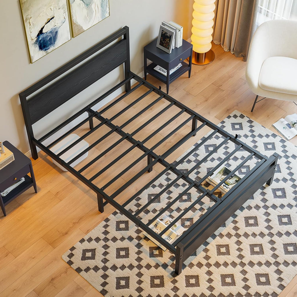 BOFENG Full Size Bed Frame with Wood Headboard,Heavy Duty Platform Bed Frame Full with Storage No Box Spring Needed,Reinforced Steel Slats Support,Mattress Foundation,Black
