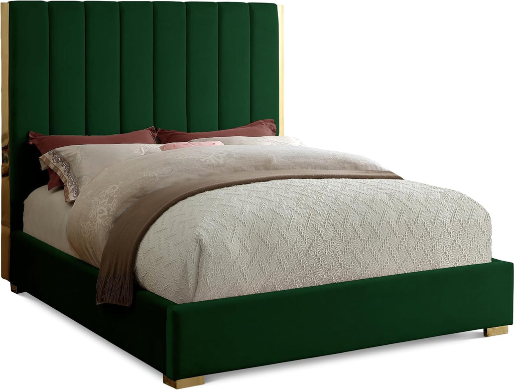 Meridian Furniture Becca Collection Modern | Contemporary Velvet Upholstered Bed with Deep Channel Tufting and Polished Gold Metal Frame, Green, Full