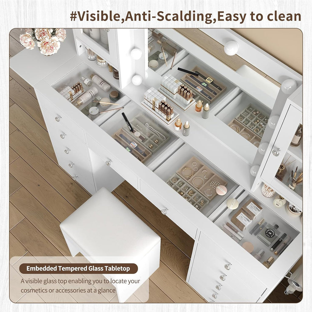 FUSOU 55'' Large Vanity Desk with Mirror and Lights, 12 Drawers Makeup Vanity with Power Olutlet, 2 Cabinets & Fold-up Panel, 3 Lighting Modes, Glass Top Vanity with Chair for Bedroom, White