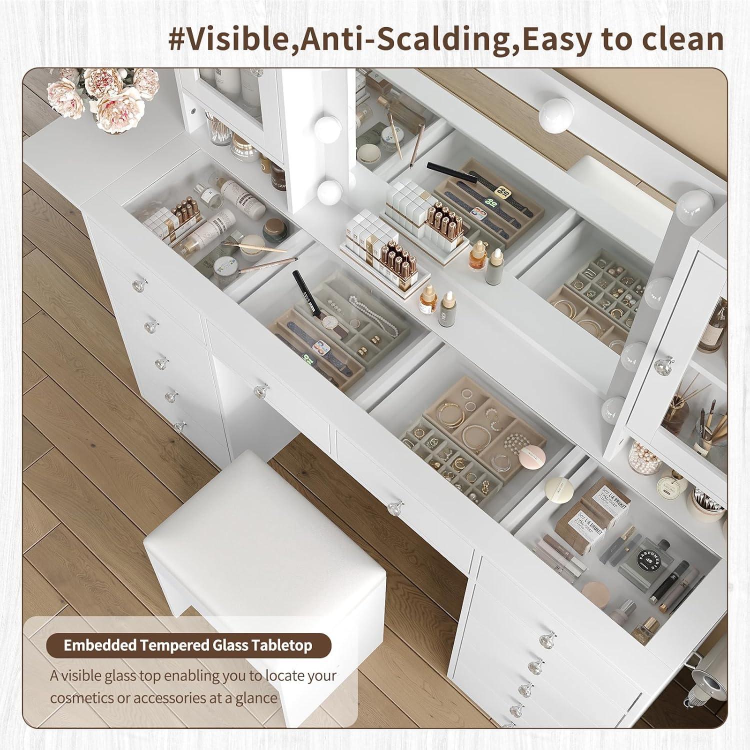 FUSOU 55'' Large Vanity Desk with Mirror and Lights, 12 Drawers Makeup Vanity with Power Olutlet, 2 Cabinets & Fold-up Panel, 3 Lighting Modes, Glass Top Vanity with Chair for Bedroom, White