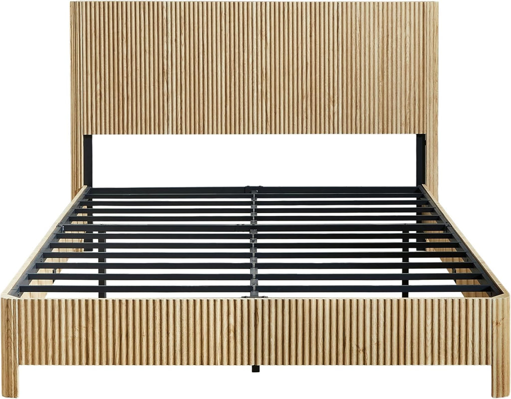 Queen Size Wood Bed Frame with Headboard, Modern Retro Oak Platform Beds Frames, Mid Century Rustic Wooden Bedroom Floor-BedFrame, No Box Spring Needed, Easy Assembly (Oak, Queen, Metal Base)