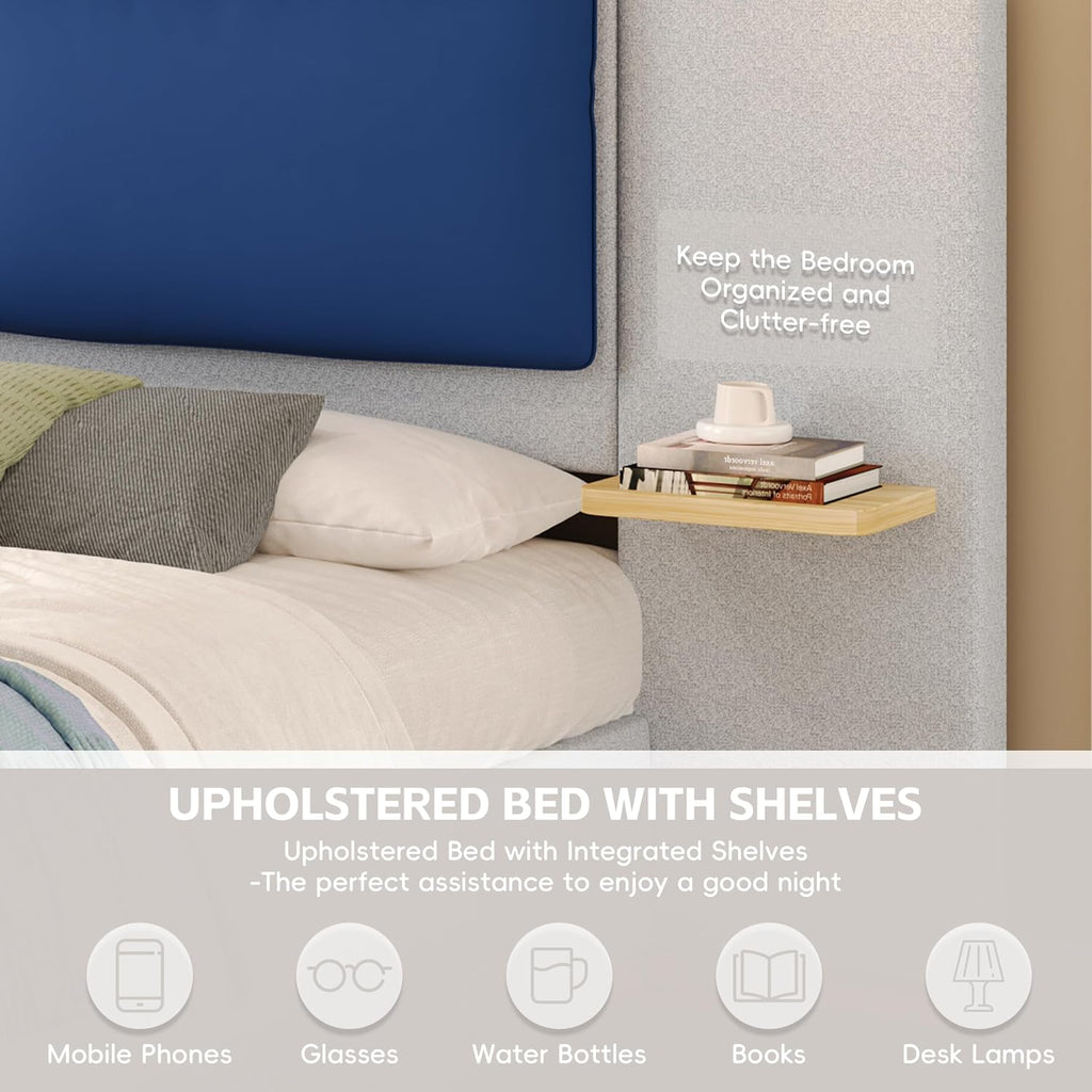 Luxury Bed Frame with Nightstands Modern Bedroom Set, Grey King Size Floor Platform Bed with Oversize Soft Upholstered Tall Headboard Bedframe, No Box Spring Needed (Blue+Grey, King)