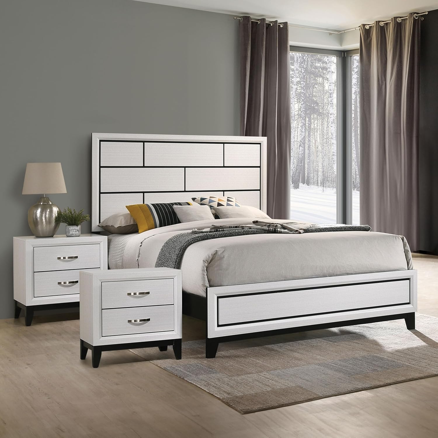 Furniture of America Lucien Modern Wood 3-Piece King Bedroom Set with Panel Style Headboard, Two-Tone Design and Wooden Legs, Box Spring Needed, White