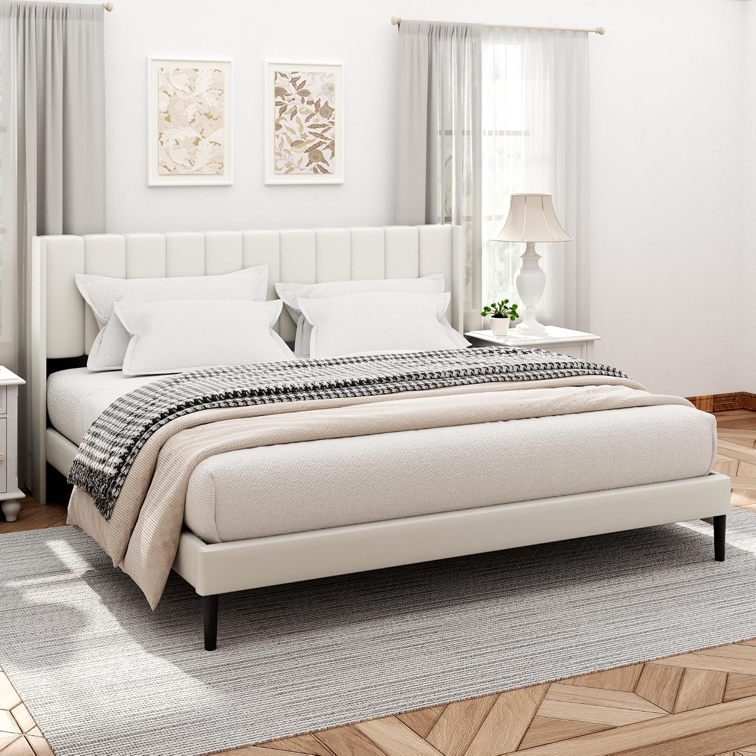 Sismplly King Size Bed Frame and Headboard,Vertical Channel Tufted Wingback No Box Spring Needed, Mattress Foundation, Easy Assembly White