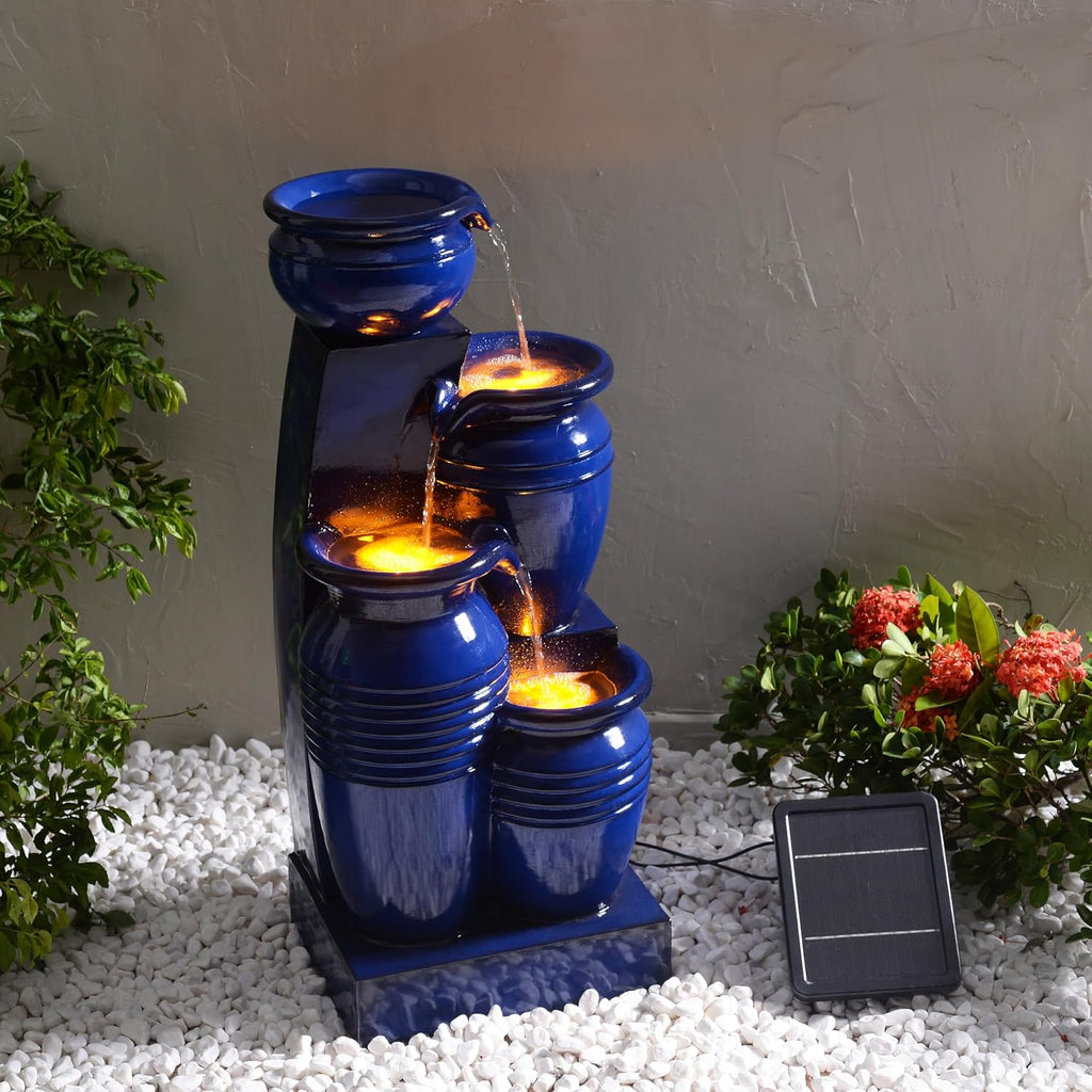 Teamson Home 28.74' 4-Tier Cascading Bowl Solar Powered Water Fountain for Outdoor Living Spaces, Navy