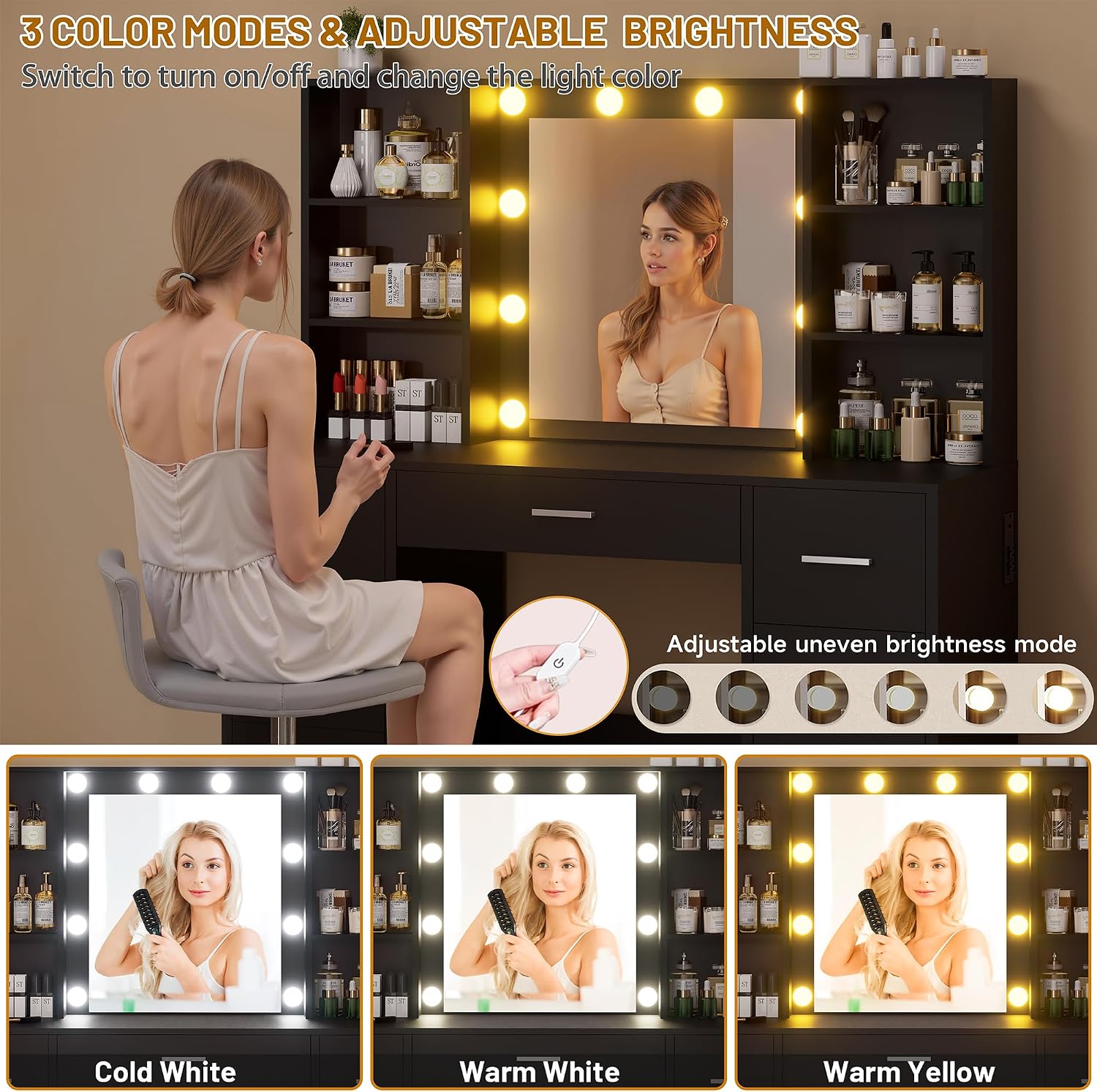 Vanity Desk with Mirror and LED Lights, Large Vanity with 7 Drawers and 6 Shelves, Make up Vanity Dressing Table with Charging Station for Girls, Women (Black)