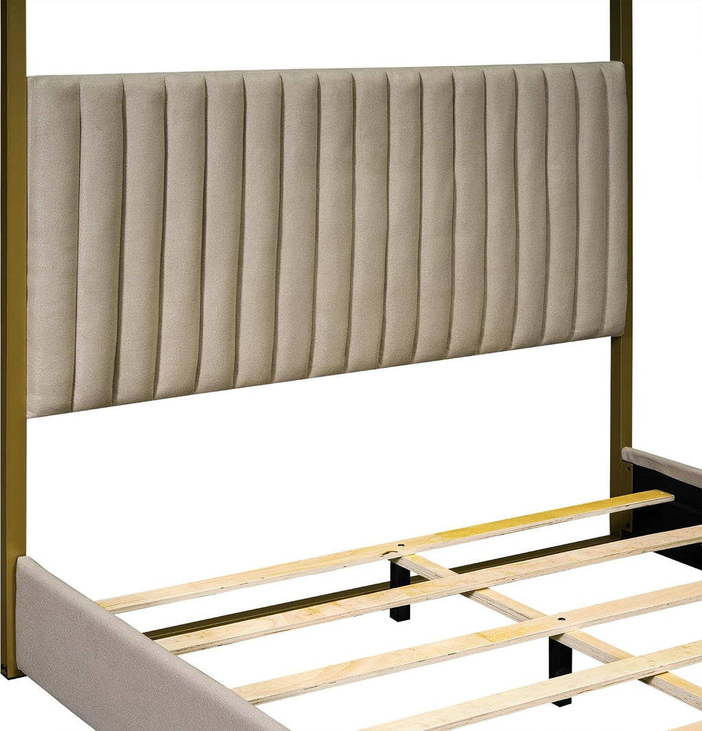 Upholstery Canopy Platform Bed with Headboard and Metal Frame for Bedroom,No Spring Box Needed (Beige, Queen (U.S. Standard))