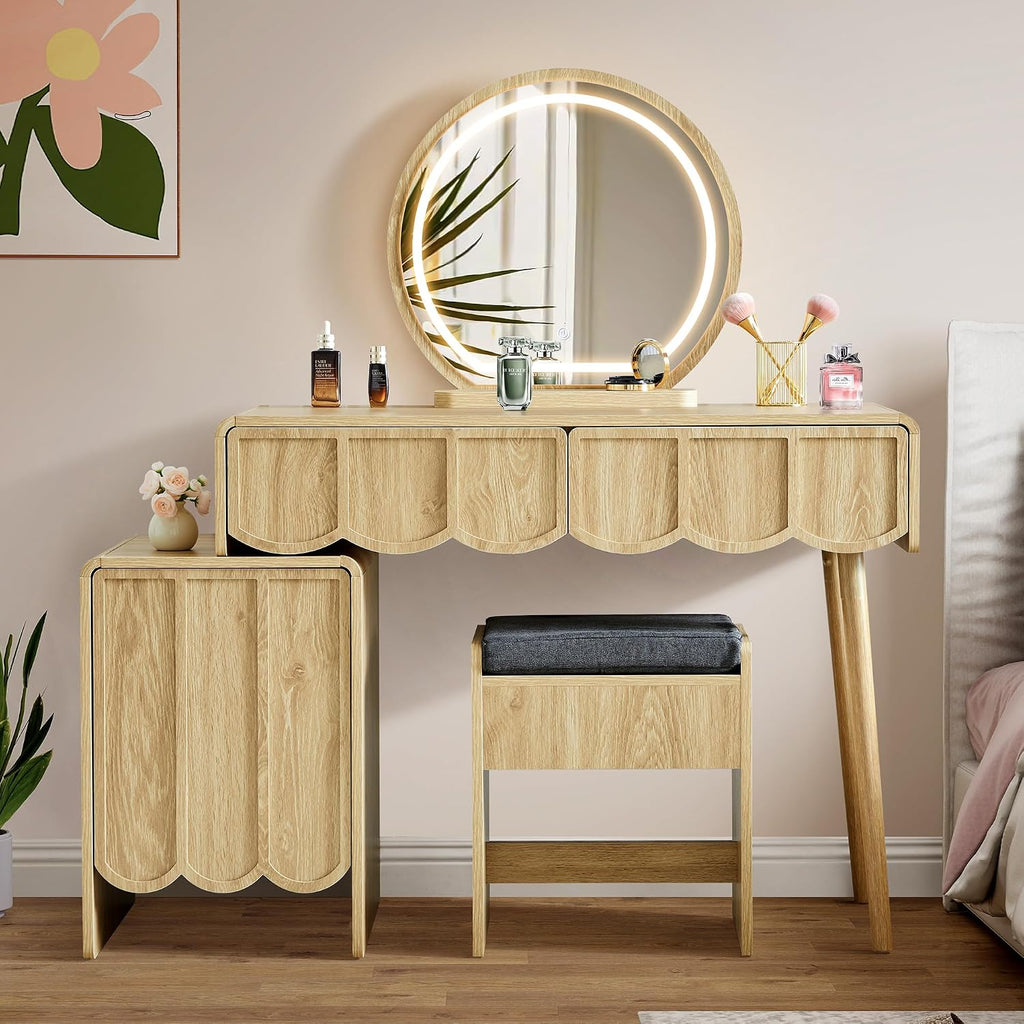 ORRD Vanity Desk with Mirror and Lights, Modern Wood Wave Panel Vanity Desk Set Makeup Table with Drawers and Cabinet, Dressing Table with Storage for Bedroom, Natural