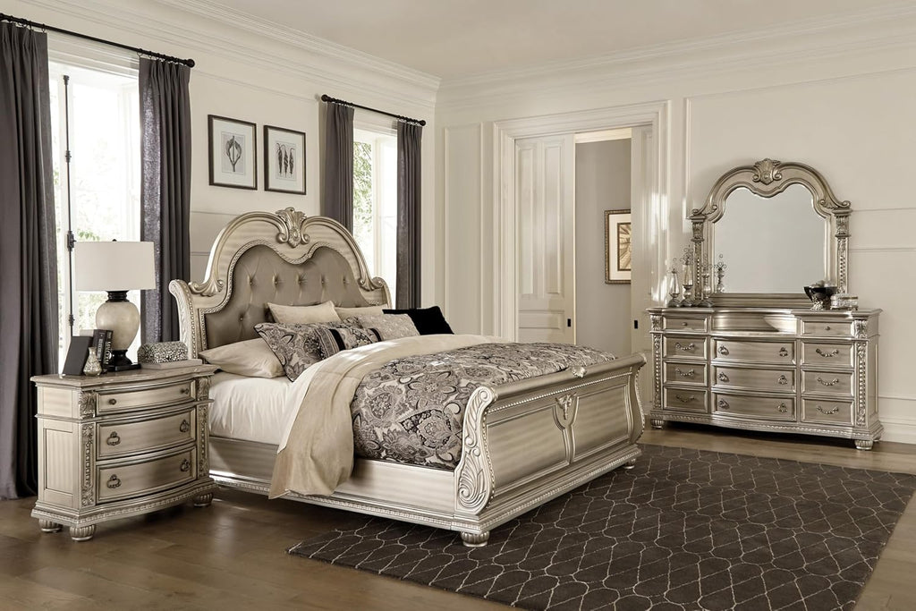 Traditional Classic 4 Pieces King Size Set Silver Finish Faux Leather Upholstered Bed Classic Design Marble Top Formal Bedroom Furniture