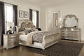 Traditional Classic 4 Pieces King Size Set Silver Finish Faux Leather Upholstered Bed Classic Design Marble Top Formal Bedroom Furniture