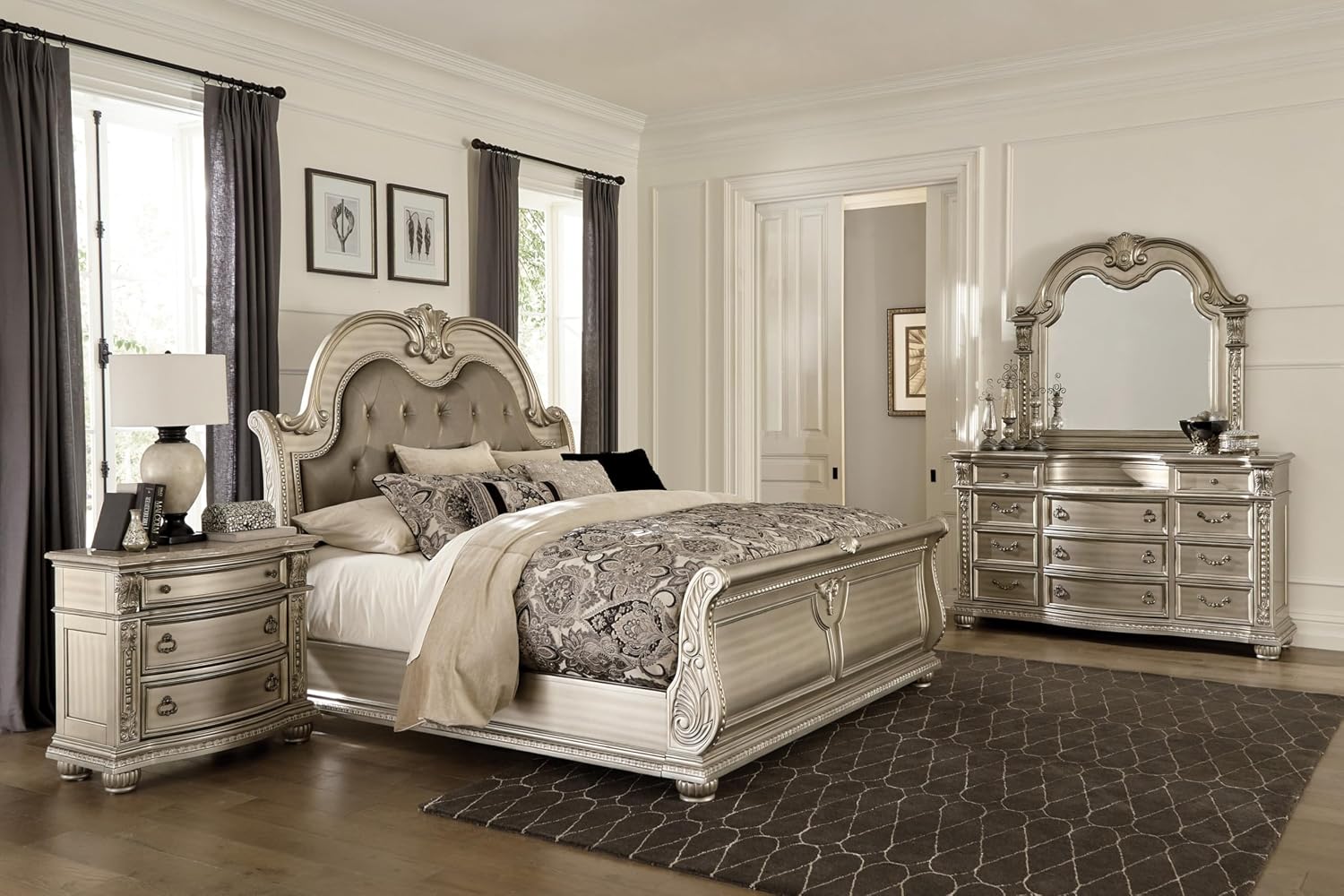 Traditional Classic 4 Pieces King Size Set Silver Finish Faux Leather Upholstered Bed Classic Design Marble Top Formal Bedroom Furniture