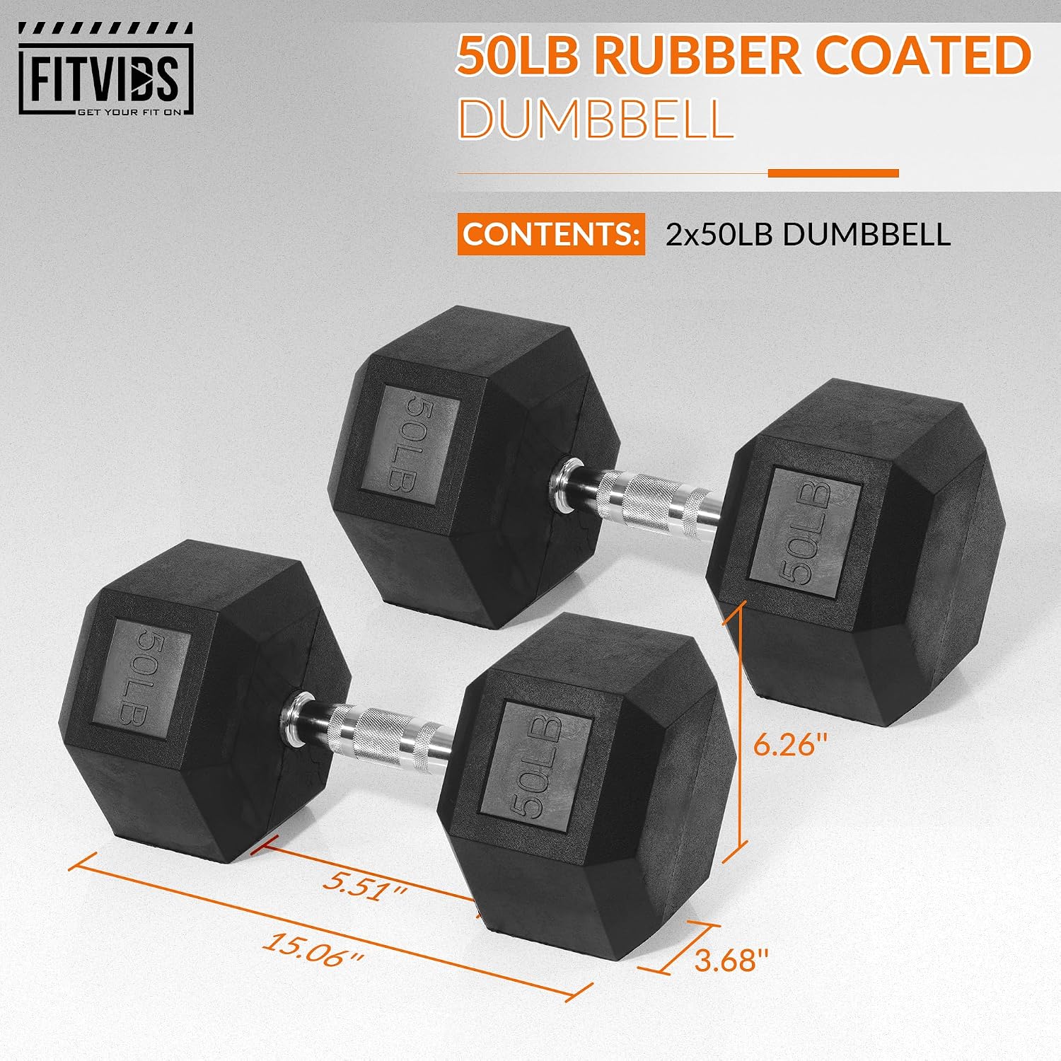 Fitvids Hex Dumbbells Rubber Coated Hand Weights for Exercises and Fitness Home Gym, 5-50 LB Pair