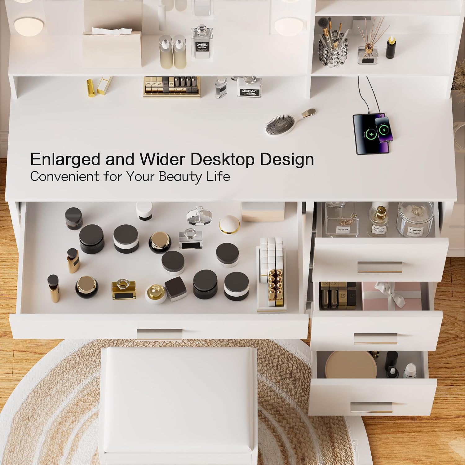 YESHOMY 39' Vanity Desk with Mirror & Lights, Makeup Vanity Table with Power Outlet & Storage Drawers, 3 Color LED Lighting, Dressing Table for Bedroom, Pure White