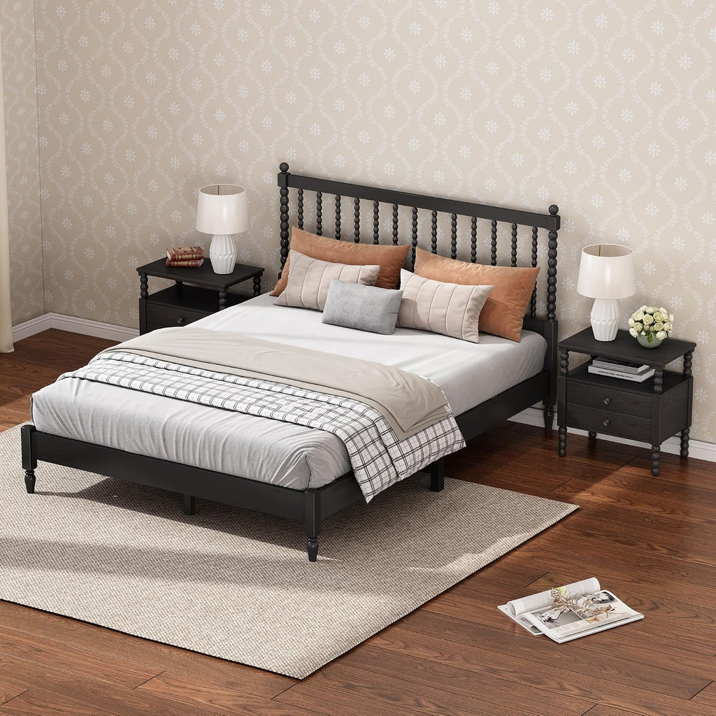 Generic 3 s Bedroom Sets King Size Wood Platform Bed with Gourd Shaped Headboard with 2 Nightstands,Antique Black