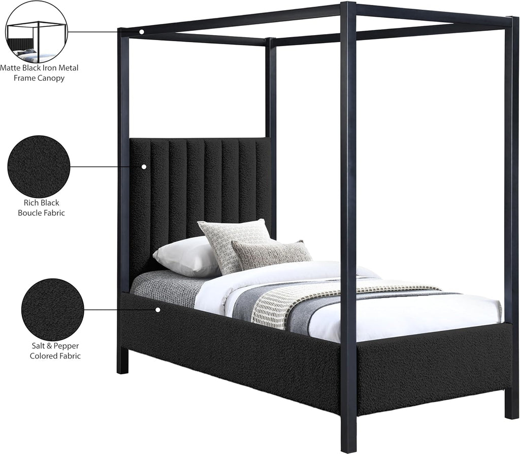 Meridian Furniture KellyBlack-T Kelly Collection Modern | Contemporary Twin Bed with Rich Black Boucle Fabric, Matte Black Iron Metal Frame Canopy, 41' W x 80' D x 77' H, Black, Twin