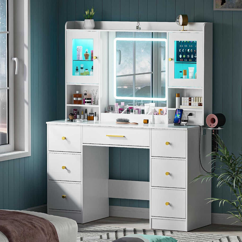 LAKEMID White Makeup Vanity Desk with Mirror and Lights,Make Up Vanity Table with Lighted Mirror 7 Drawers, Modern Vanity with Power Outlet RGB Cabinets,Dressing Table for Bedroom Women Girls