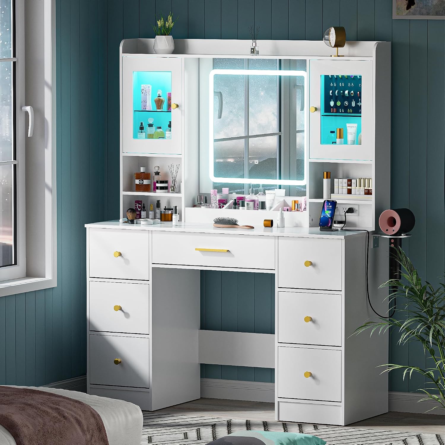 LAKEMID White Makeup Vanity Desk with Mirror and Lights,Make Up Vanity Table with Lighted Mirror 7 Drawers, Modern Vanity with Power Outlet RGB Cabinets,Dressing Table for Bedroom Women Girls