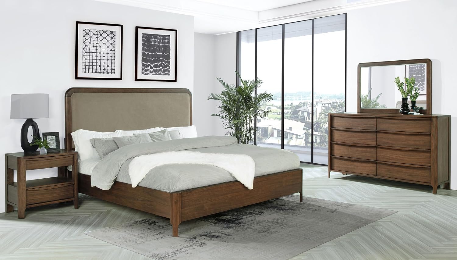 Coaster Home Furnishings Maderia Transitional 4-Piece Bedroom Set Fabric Upholstered Eastern King Size Panel Bed Frame 57-inch Headboard Walnut 223321KE-S4