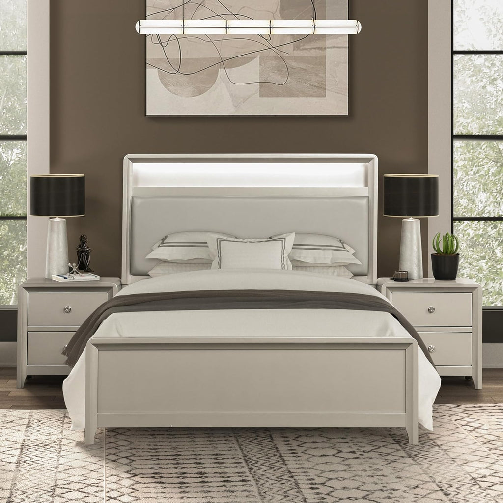 Furniture of America Standin Modern Solid Wood 3-Piece Bedroom Set with LED on Bookcase Headboard, USB-A and USB-C on Both Sides, Brushed Nickel Finish, Box Spring Needed, Full, Champagne