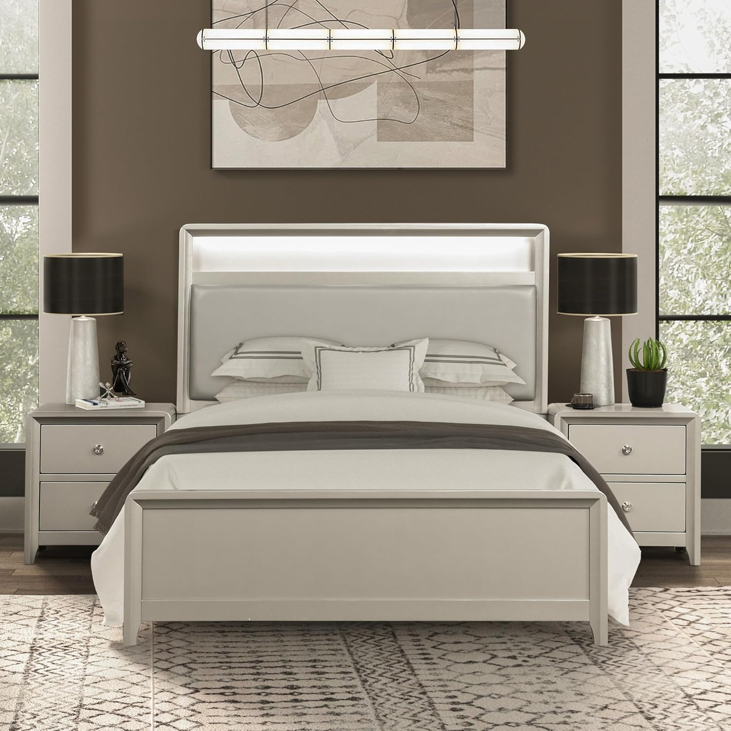 Furniture of America Standin Modern Solid Wood 3-Piece Bedroom Set with LED on Bookcase Headboard, USB-A and USB-C on Both Sides, Brushed Nickel Finish, Box Spring Needed, Full, Champagne