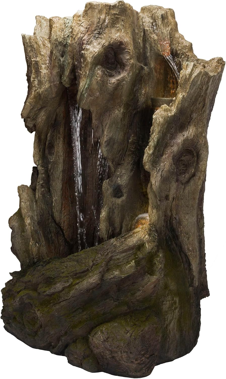 Alpine Corporation 62' Rustic Outdoor Tree Trunk Waterfall Fountain with LED Lights – Natural Wood-Look Water Feature for Gardens, Patios, Yards, and Landscaping Decor, Resin