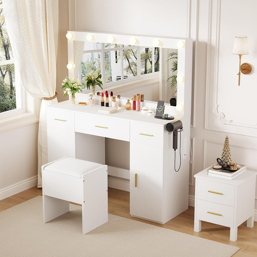 IDEALHOUSE Makeup Vanity Desk with Mirror and Lights, Modern White Vanity Table with Drawers, Charging Station & Storage Stool, Wood Make Up Vanity Set for Bedroom Apartment