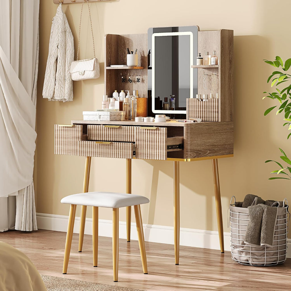 Vanity Desk with LED Mirror Lights, 4 Drawers & Jewelry Storage, Makeup Vanity Set with Metal Legs and PU Stool, Dressing Table for Bedroom Girls, Yellow Brown