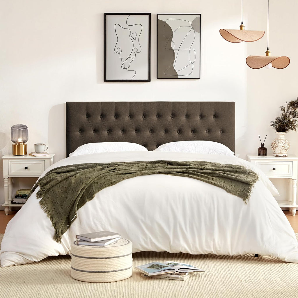 Huatean Home Tufted Upholstered Headboard King Size, Solid Wood Head Board with Durable Metal Legs, Adjustable Height Bed headboard from 37' to 51' Fabric Headboard in Modern Button Design, Chocolate