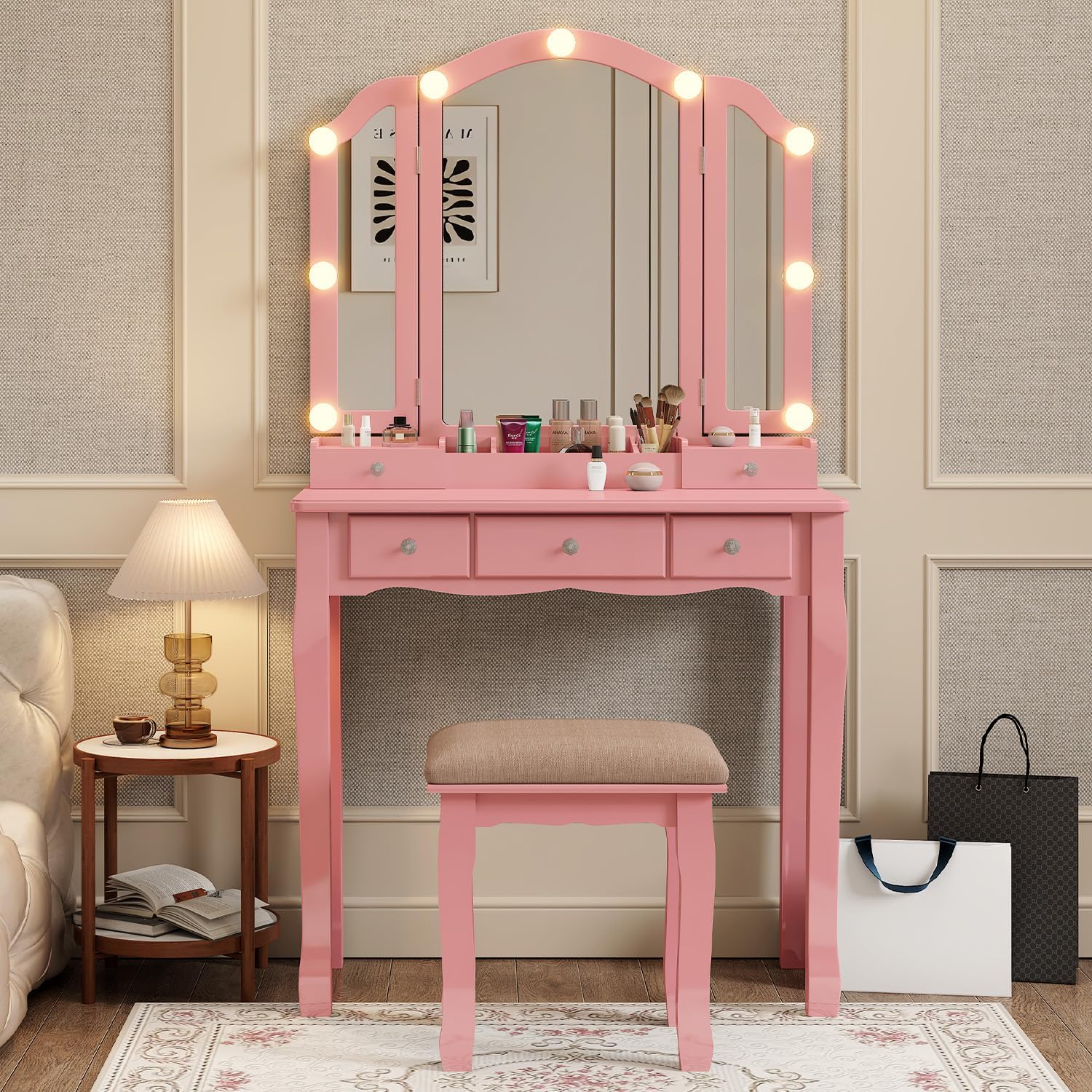 YIXHQ Vanity with Lights Girls Vanity Desk Set with Drawers Makeup Vanity Desk with Mirror and Lights Make Up Pink Makeup Vanity for Girls Table with Stool