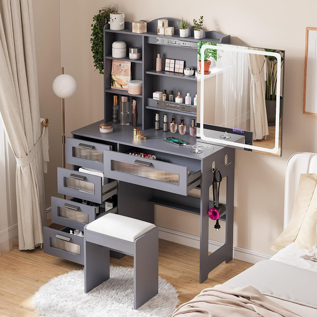 HNEBC Vanity Desk with Sliding Mirror and LED Lights, RGB Vanitys with Charging Station, Makeup Vanitys with Remote Control, White Dresser with Stool/Lager Drawers for Bedroom (Grey)
