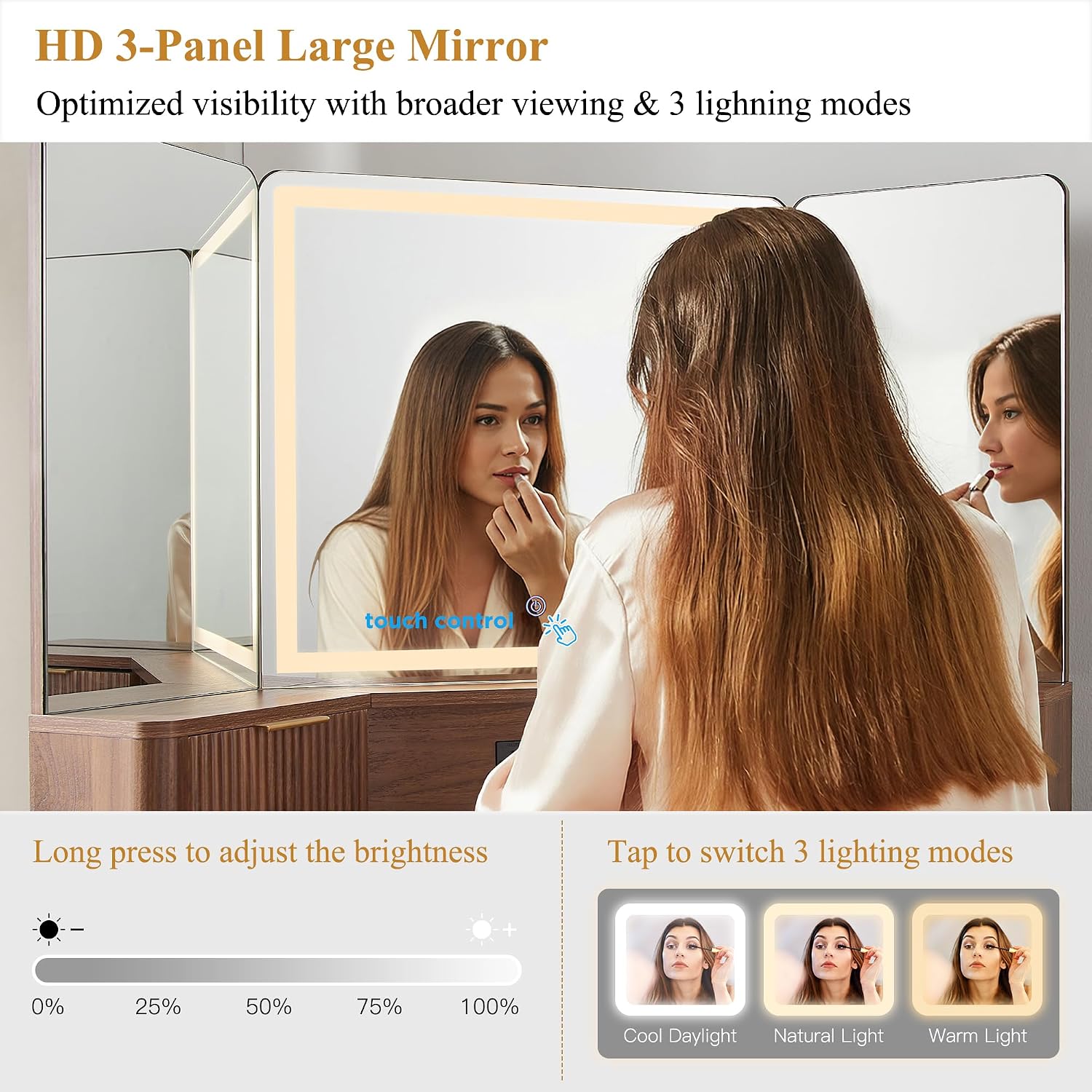 T4TREAM 48' Fluted Makeup Vanity Desk with HD Triple Mirror and Lights, Large Lighted Corner Vanity with Glass Top, Modern Dressing Table with 3 Drawers & 2 Cabinets for Bedroom, Light Walnut