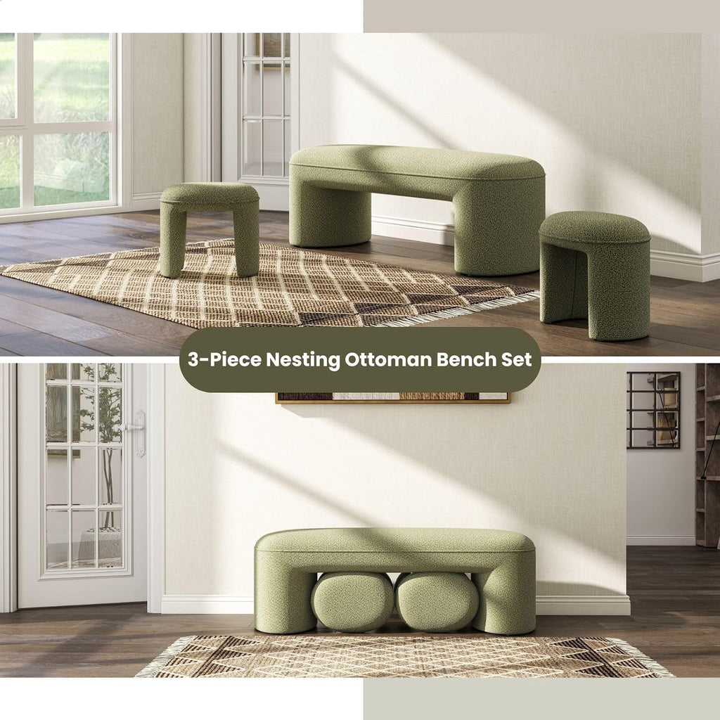 3-Piece Nesting Ottoman Bench Set，53' Long Upholstered End of Bed Bench with 2 15' Foot Stools Chenille Modern Arched Bench Comfy Entry Bench Vanity Stools for Living Room Bedroom, Green