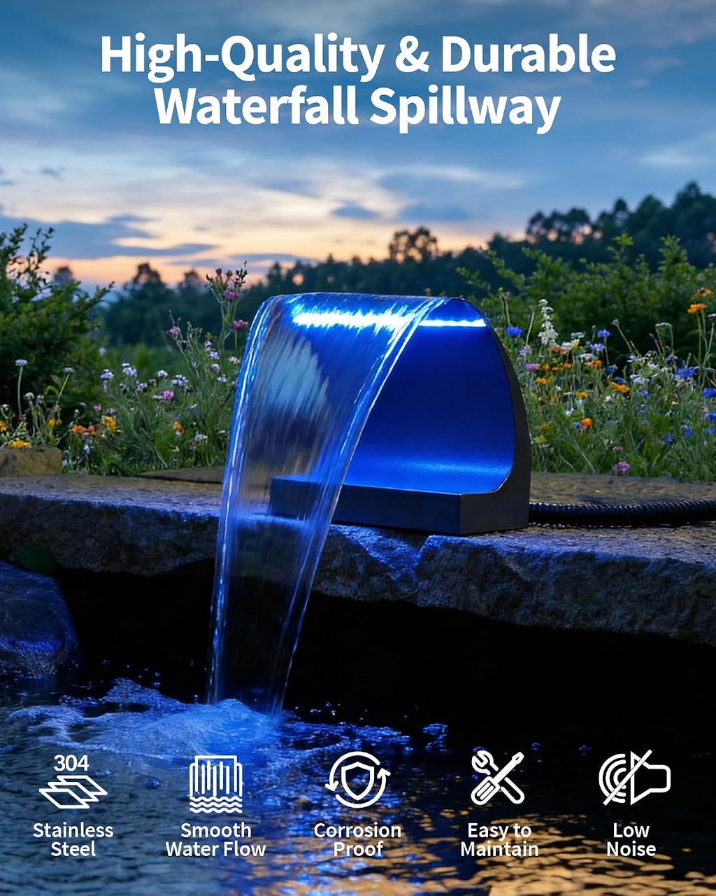 POPOSOAP Pond Waterfall Spillway with LED Lights & 1200GPH Pond Pump, 8Inch Pond Spillway Kit for Garden Ponds, Outdoor Water Feature with App & Remote Control for Backyard Landscape Decoration-P42C