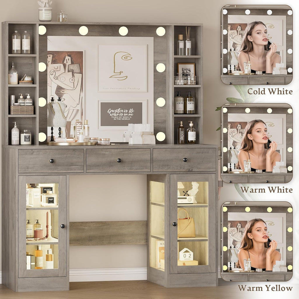 Wodeer Makeup Vanity Desk with Mirror and Lights, Grey Vanity with Glass Top, LED Lights & Power Outlet, 3 Drawers & 2 RGB Glass Cabinets, Adjustable Lighted Dressing Table for Women & Girls Bedroom